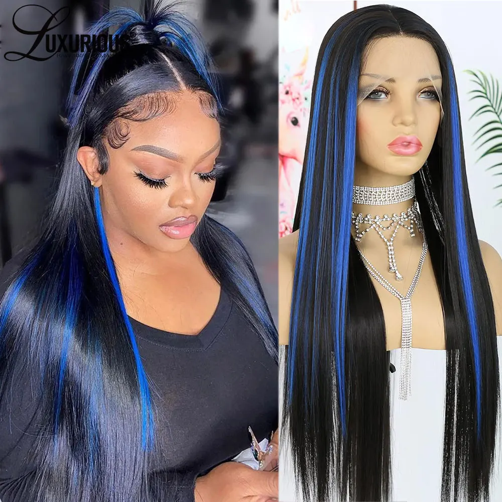 

Preplucked Black With Blue Highlight HD Transparent Lace Frontal Wig Glueless Brazilian Virgin Remy Human Hair Wigs For Women