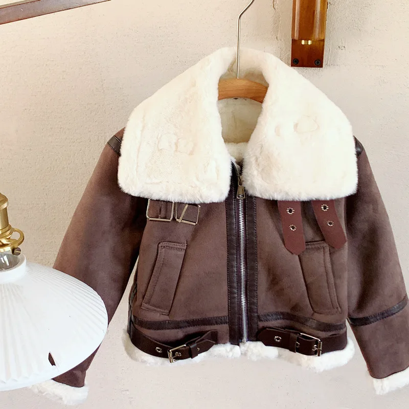 

Faux Deerskin Plush Fur Jacket Thick Warm Boys Girls Short Coat Kids 2023 Winter Fashion Velvet Thick Outerwear
