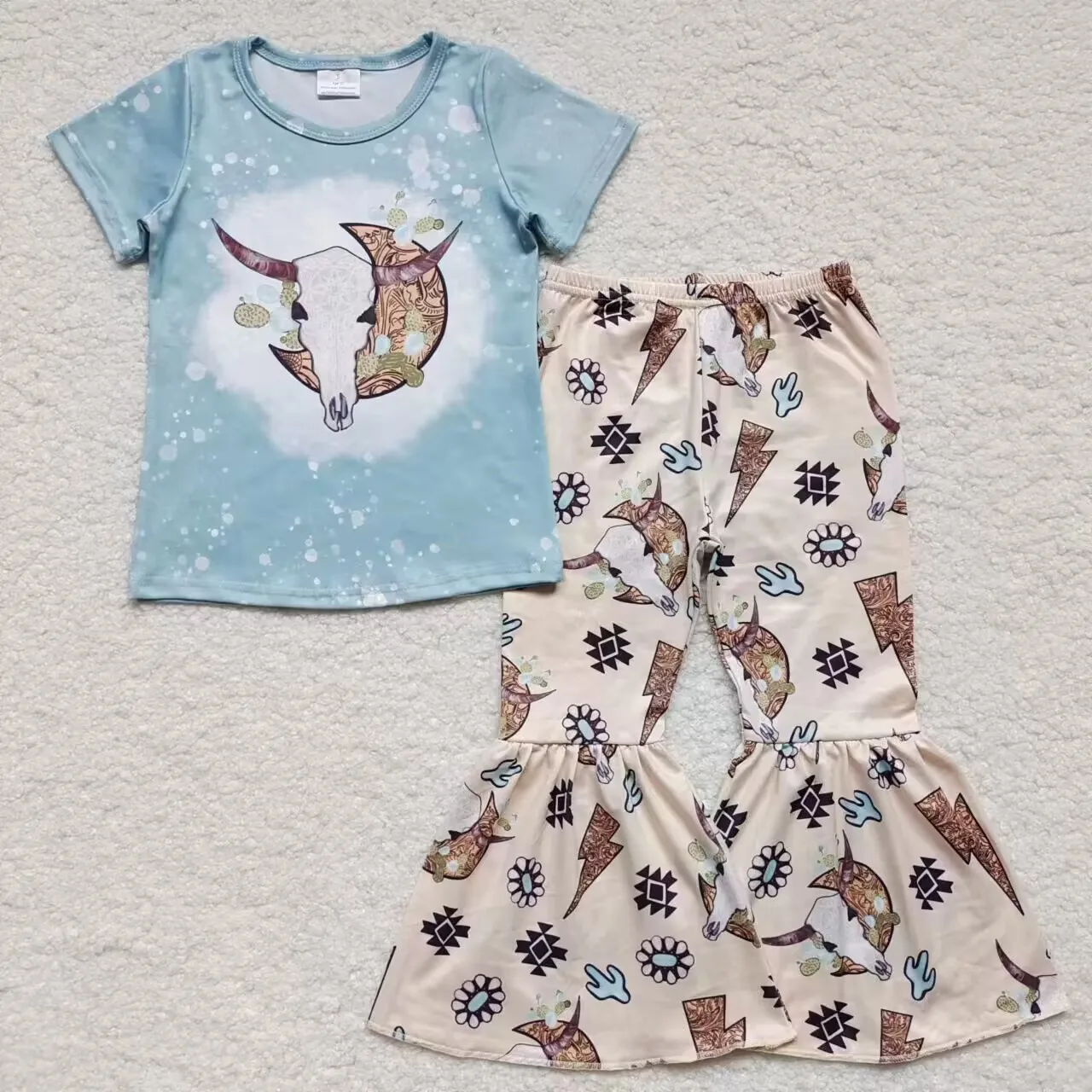

Wholesale Baby Girls Short Sleeves Western Toddler Set Cow Cactus Shirts Tee Infant Aztec Bell Bottom Pants Children Kids Outfit