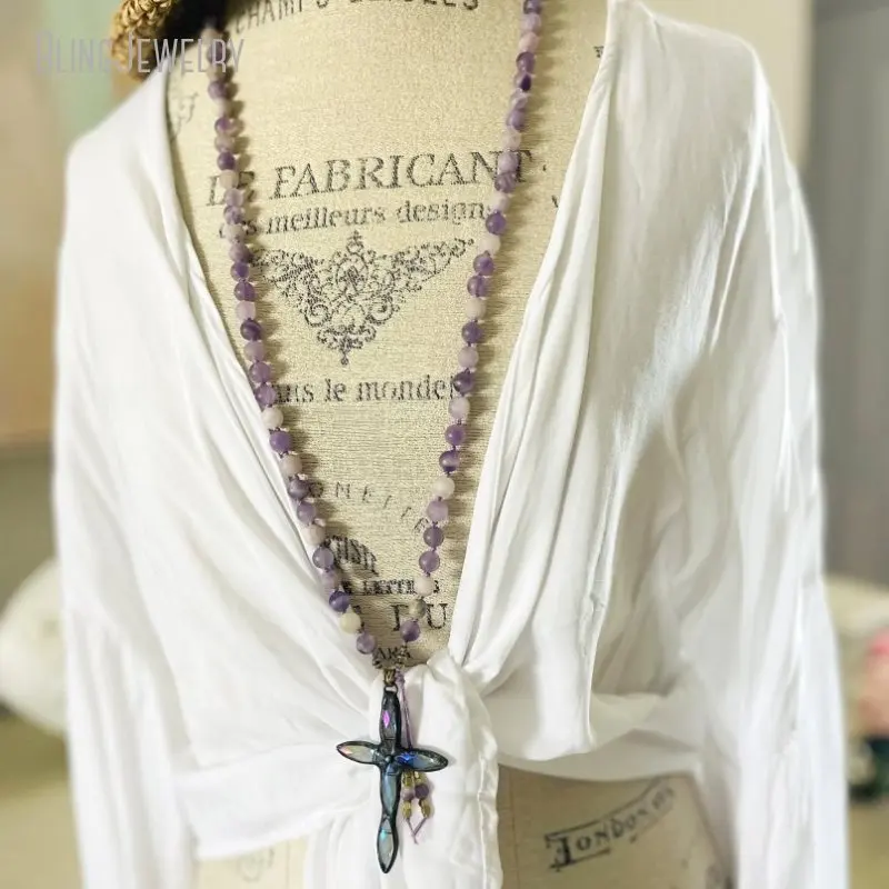 10pcs Purple Gemstone Matte Amethyst Boho Sari Silk Tassel Cross Pendant Necklace Women Accessories Aesthetic Y2k Jewelry