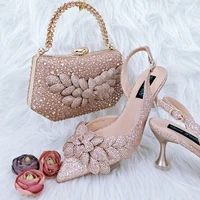 Doershow beautiful peach Italian Shoes And Bag Sets For Evening Party With Stones Italian Leather Handbags Match Bags!! HFG1-6 1
