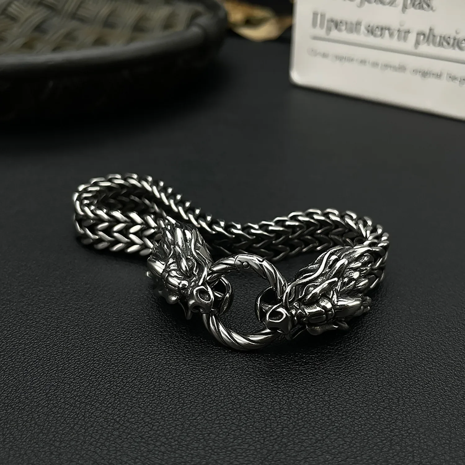 CHUANGCHENG Dragon Bracelet Viking Silver Stainless Steel Woven Mesh Chain Cuff Bracelet for Men's Fashion Punk Jewelry