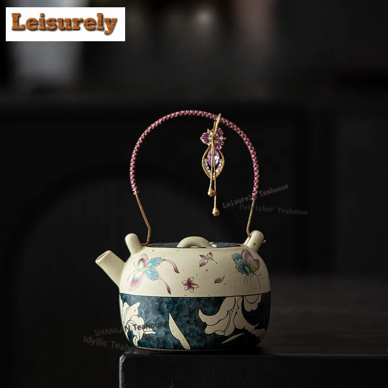220ML Hand Painted Butterfly Lily Caramel Lifting Handle Teapot Zen Tea Infuser Pot Tea Soaking Kettle With Ball Hole Drinkware