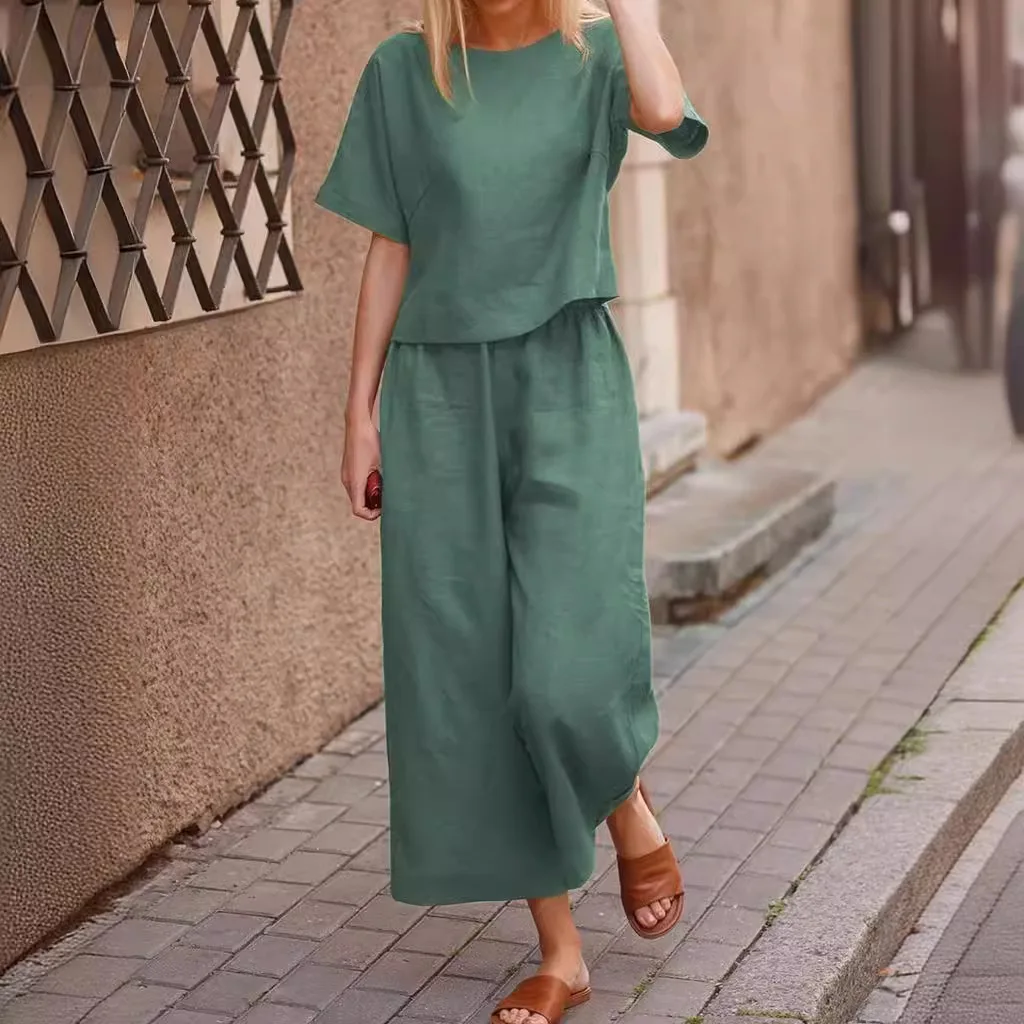 Women Casual Pant Sets High Elastic Waist Wide Leg Loose