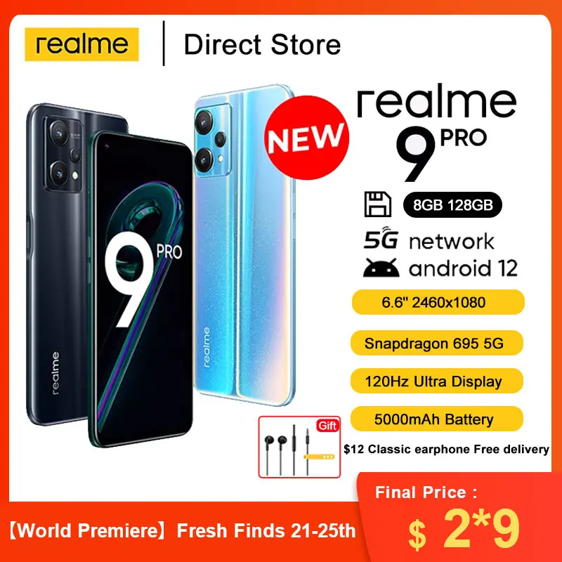 World premiere Realme 9 pro 5G Mobile Phone 6.6" 120Hz NFC Qualcomm Snapdragon 695 8GB 128GB 64MP 5000mAh 33W Android Smartphone |
