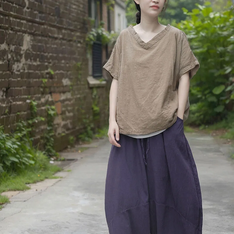 

Футболка женская хлопково-льняная с карманами, винтажная Простая рубашка цвета хаки, свободный кроп-топ с V-образным вырезом и коротким рукавом, лето 2024