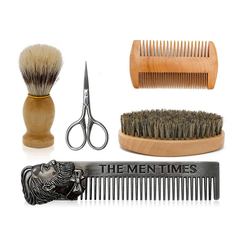 

Boar Bristle Men's Shaving Brush Set Barber Natural Beard Brush Wood Comb Foam Brush Styling Combs Hair Scissors Mustache Tools