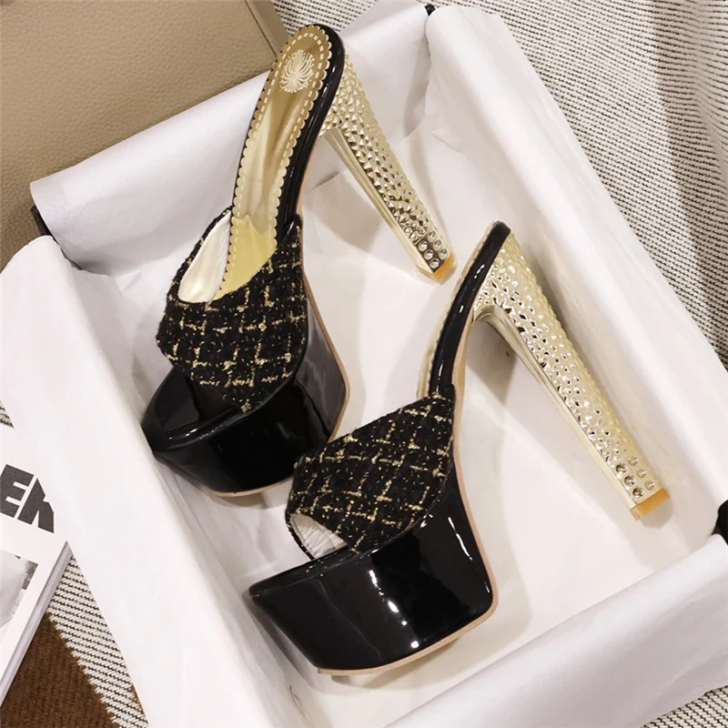 Sexy Summer Mules Shoes Woman Slippers 15cm Extreme High Heels Lady Slides Luxury Stiletto Heeled Platform Sandals Large Size 45