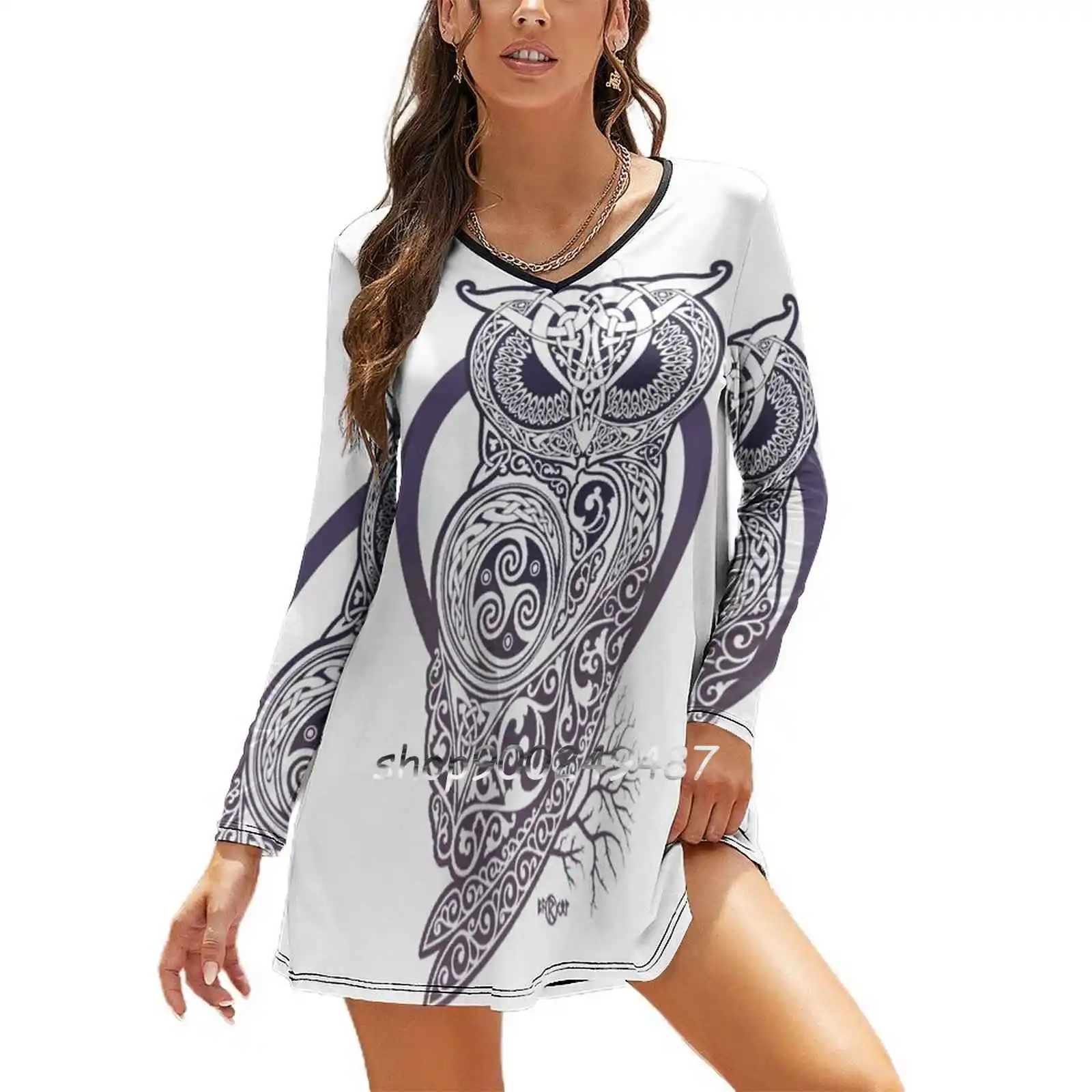 

Owl Slim Dress With Hollow Waist Autumn Winter Sexy V Neck Long Sleeve Dresses Owl Bird Birds Animal Animals Knotwork