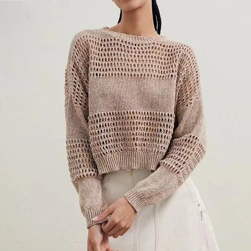 

Женский льняной вязаный свитер, повседневные Элегантные пуловеры с круглым вырезом, роскошная дизайнерская женская одежда, весна-осень 94%