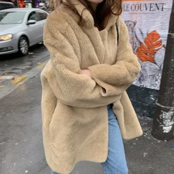 Women's Winter Thicken Leather Fur Coat Jacket Lapel Collar Loose Single Breasted Overcoat Warm Clothes Outerwear