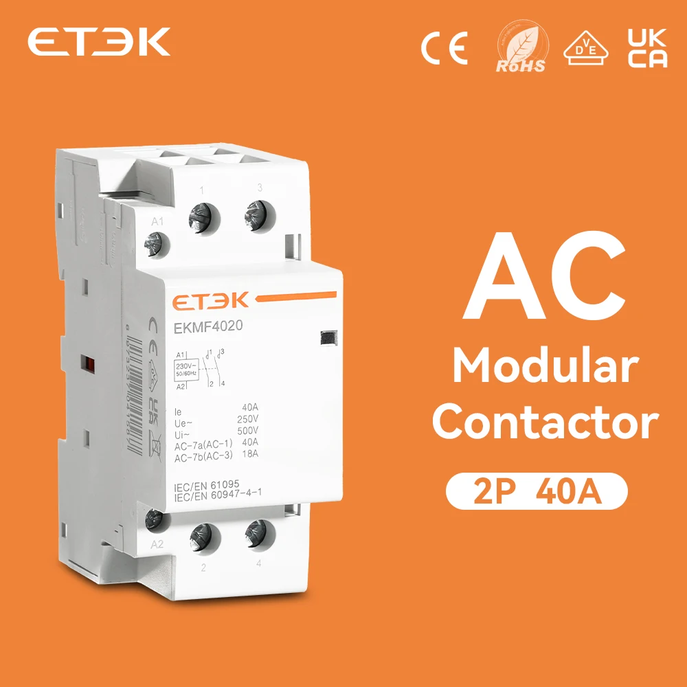 

ETEK Household AC Modular Contactor 220v Single Phase 2P 40A 2NO Coil Din Rail Type EKMF-4020-230