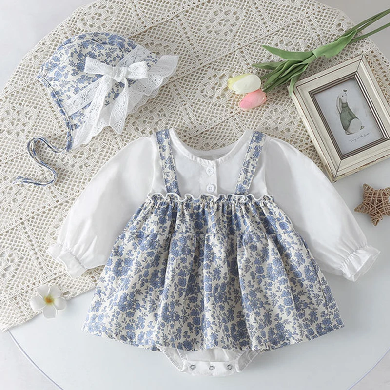 

Spring and Autumn Baby Clothes Small Fragmented Flower Hanging Straps Fake Dress Long Sleeve Creeper Dress Baby Clothes