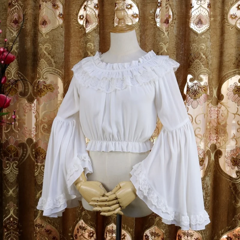 

Шифоновая женская блузка, летняя Новинка 2022, с круглым вырезом, расклешенными рукавами, оборками, тонкая прозрачная Универсальная женская верхняя одежда, топы