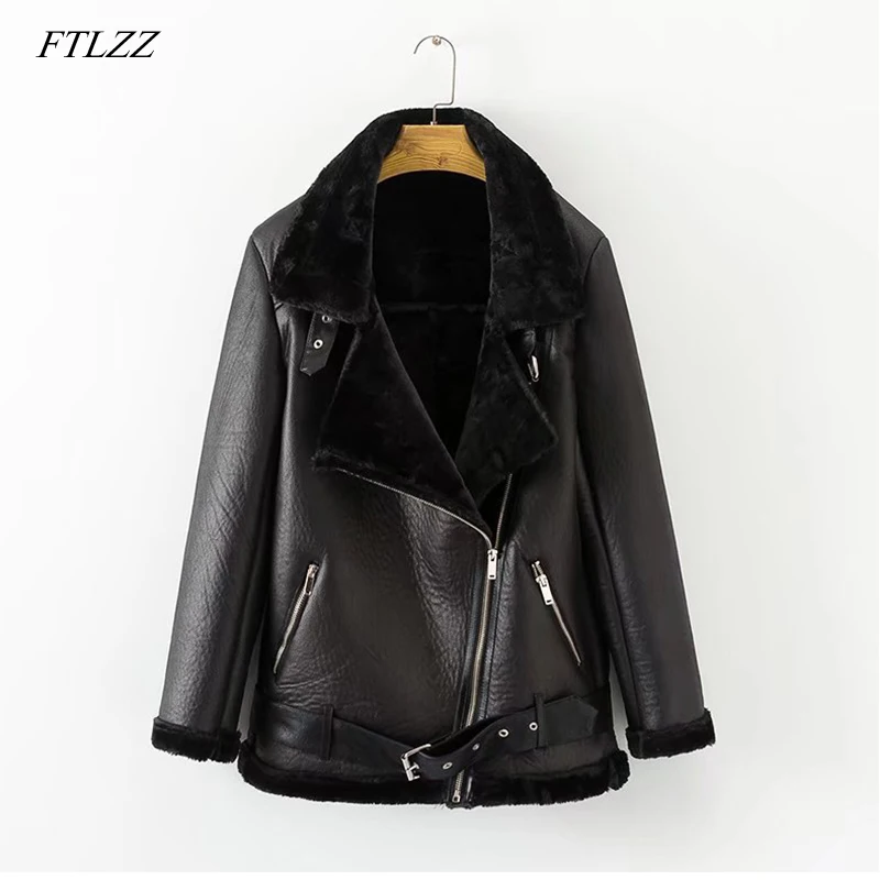 

FTLZZ New Spring Winter Women's Pu Leather Street Jacket Casual Warm Zipper Jacket Female Warm Thick Imitation Fur Outwear