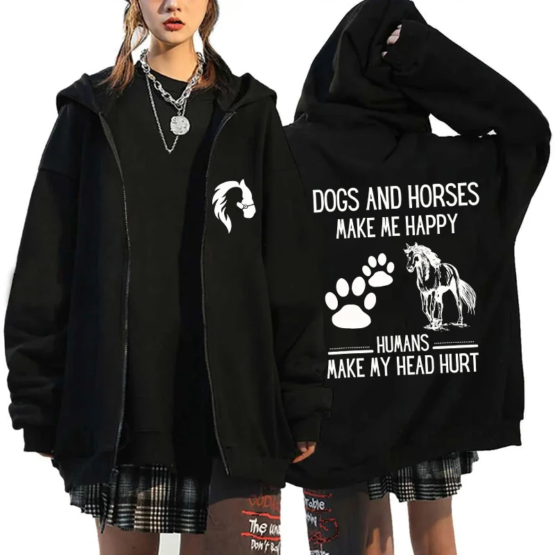 Lustiger Pferde-Print Reißverschluss-Sweatshirt Harajuku Übergroßer Langarm-Hoodie Mäntel für Pferdeliebhaber Reißverschluss-Streetwear-Oberteile – Detail 5