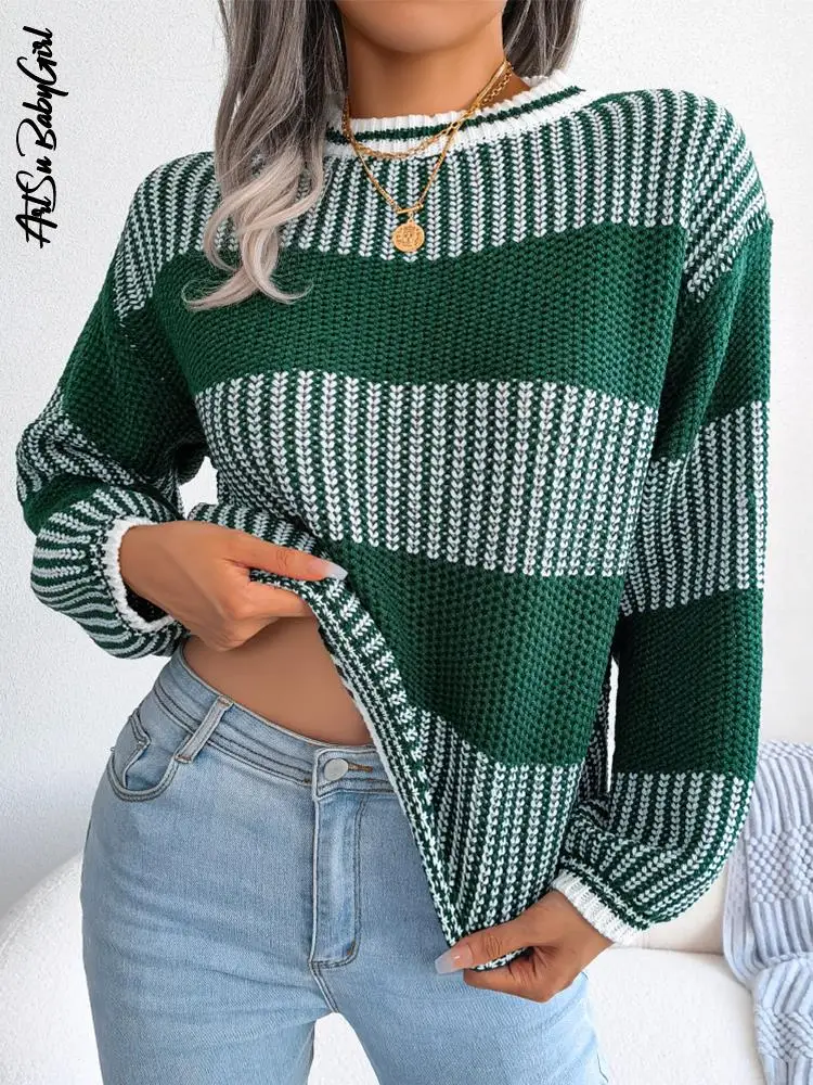 

Striped Sweater Pullovers O Neck Long Sleeves Jumpers Autumn Winter Clothes 2022 Basic Green Streetwear Knit Sweater