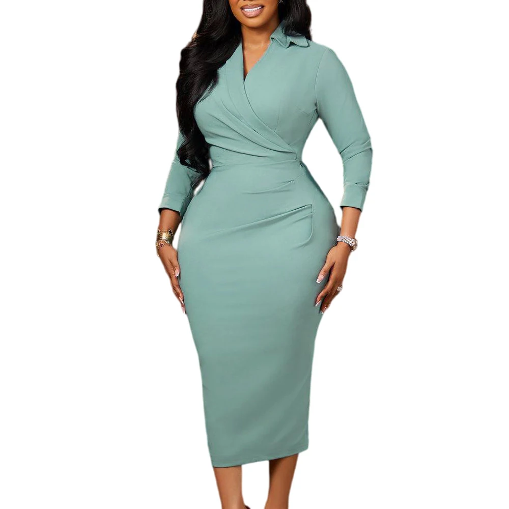 2026 Neue Kollektion für Damen, modernes Kleid, langärmelig, tiefer V-Ausschnitt, gerüscht, elegante Hochzeit, Abend, Büro, Damen, Midi, figurbetonte Kleider – Detail 3