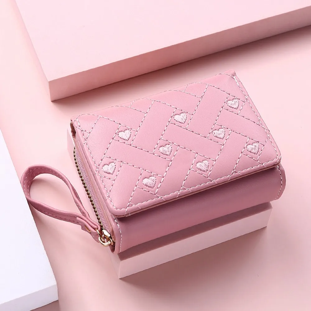 Pu Leather Short Wallets Trifold Card Case Multi Cards Position Candy Colors Women Fashion Embroidery Love Zipper Coin Purses new vintage men pu leather zipper wallets fashion famous brand male purse coin pouch multi functional cards holder short wallet