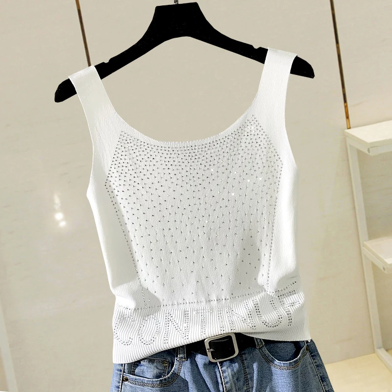

2023 New Summer Letter Hot Drilling Camis Vest for Women U-neck Sleeveless Tank Top All-match Knitted Basic Crop Camisole