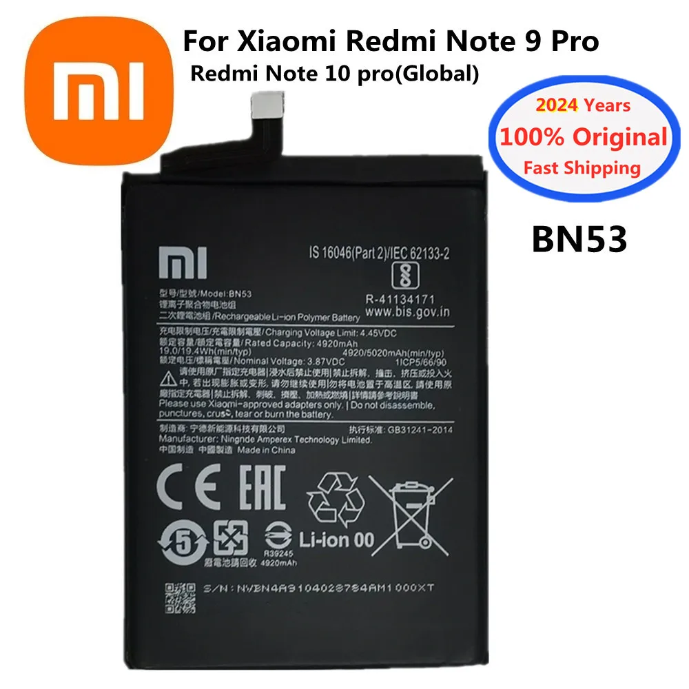 

2024 Years 100% Original BN53 Battery For Xiaomi Redmi Note 9 Pro 9Pro / Redmi Note 10 pro 10pro (Global) 5020mAh Phone Battery