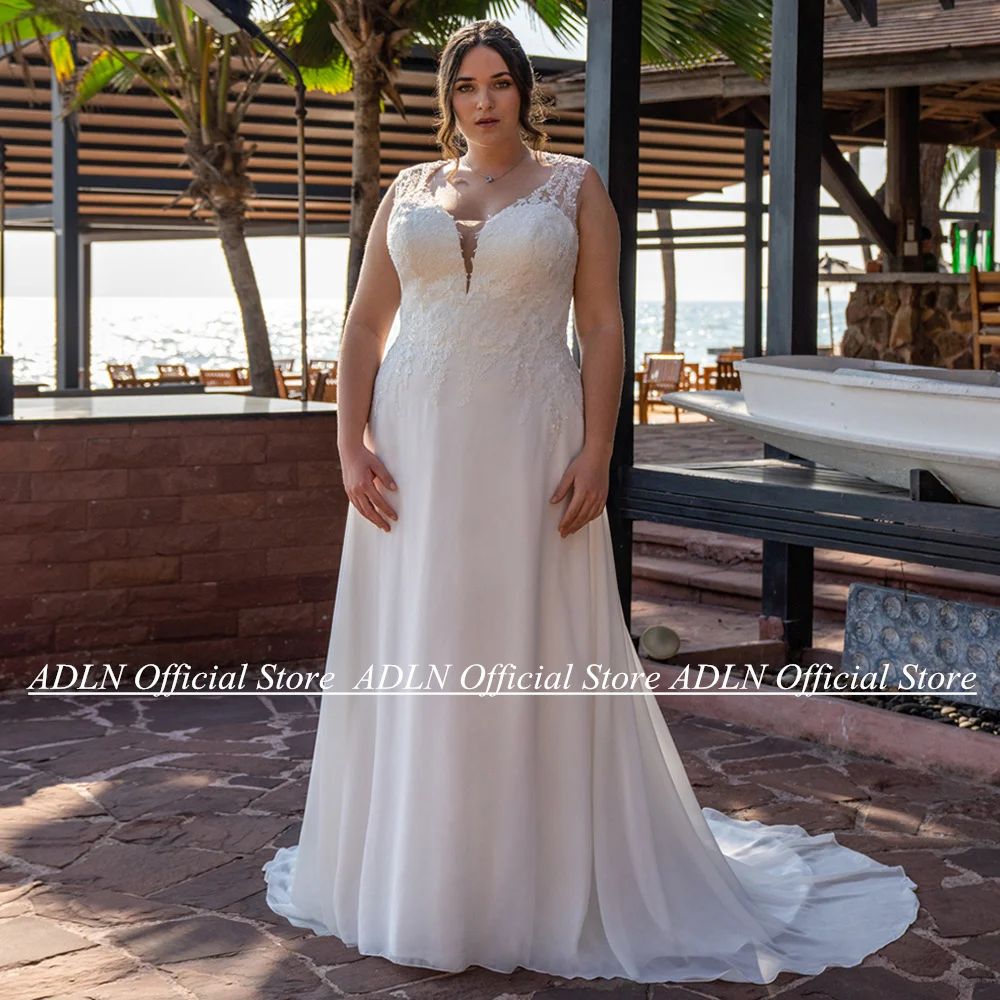 

Sexy Plus Size Wedding Dress 2024 Sleeveless Deep V Neck Sequined Applique Chiffon Beach Boho Bridal Gown Robe De Mariee