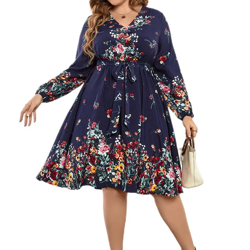 Elegant V-Neck Broken Flowers Printing Bandage Dark Blue Color Autumn Plus Size Pullover Ruffled Knee Length Dress for Women