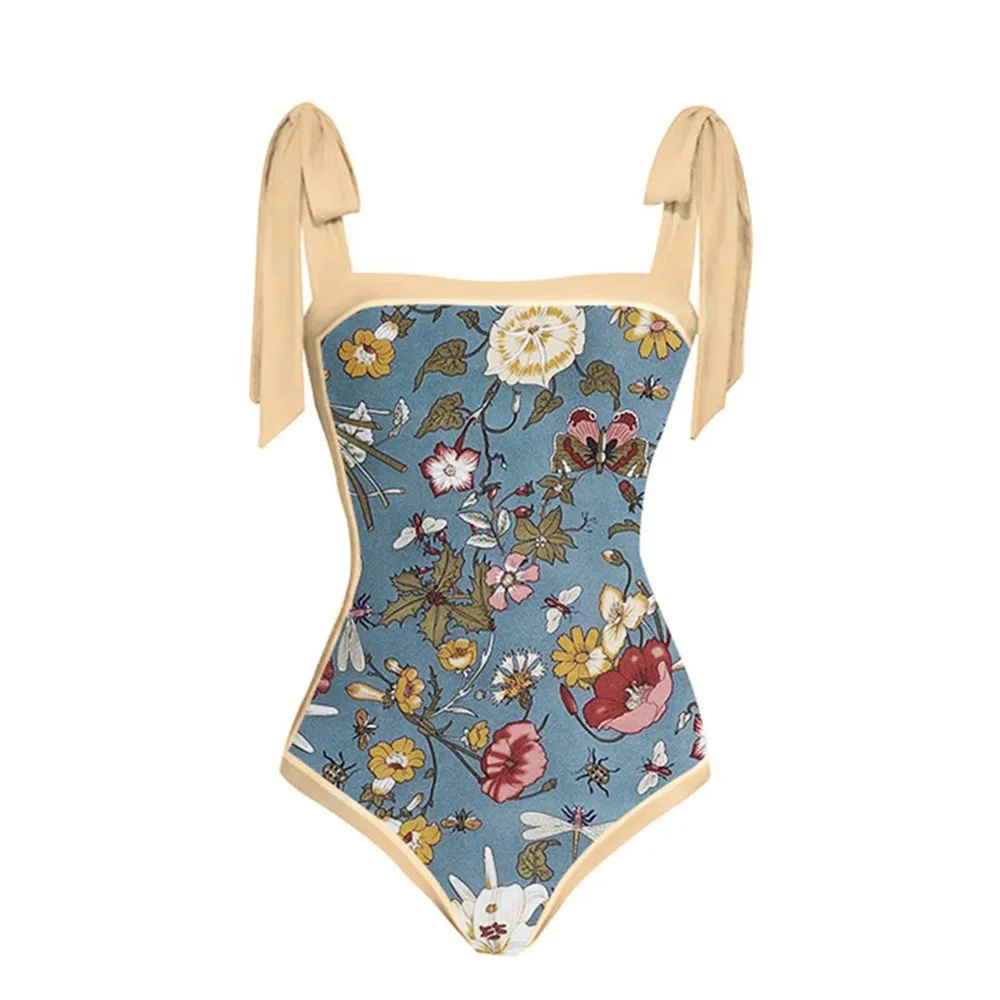 New French Retro Bikini Printed One-piece Swimsuit Female Hot Spring Vacation Beach Skirt Two-piece Swimwear Summer Beach Cover