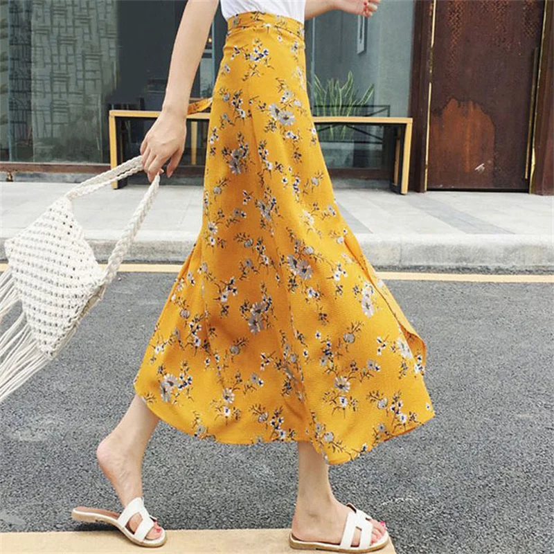 

Женская Повседневная юбка с запахом и принтом, богемная шифоновая юбка с завышенной талией и разрезом, асимметричная пляжная юбка до середины бедра на лето
