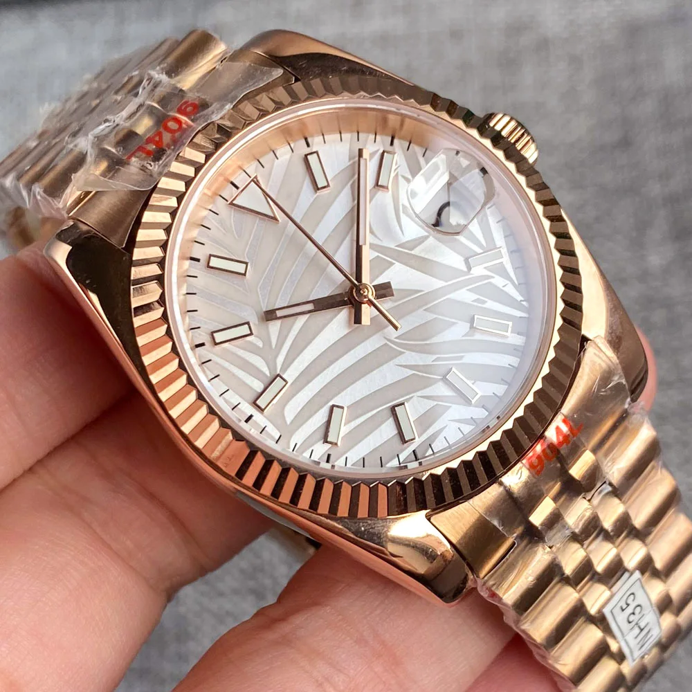 

Date Day Rose gold Maple leaf Automatic Watch Men 36mm 39mm Fluted Bezel Sapphire Crystal 904L Bracelet DJ hand