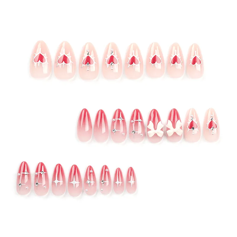 Fake Nails 24 PCs Valentine's Day Long Almond Shape Novelty Pearl Bow Love Nail 1 File 1 Jelly Glue