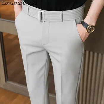 용수철 여름 패션 슬림 정장 바지, 벨트 포함, 캐주얼 비즈니스 바지, 남성 의류
