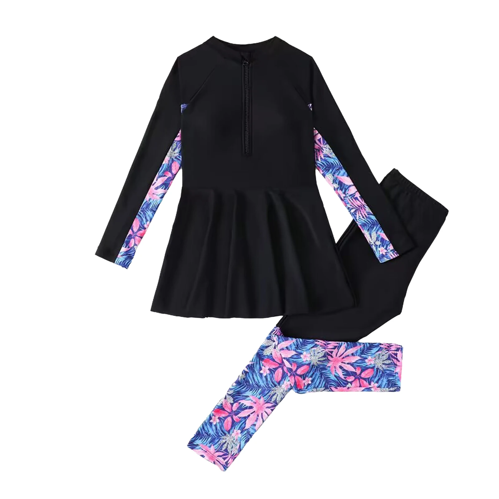 Kinder Mädchen 3-teiliger Rashguard-Badeanzug mit langen Ärmeln, Reißverschluss, Badekleid mit Unterteil und Hose, Set, Sommer-Badeanzug, Badebekleidung – Detail 2