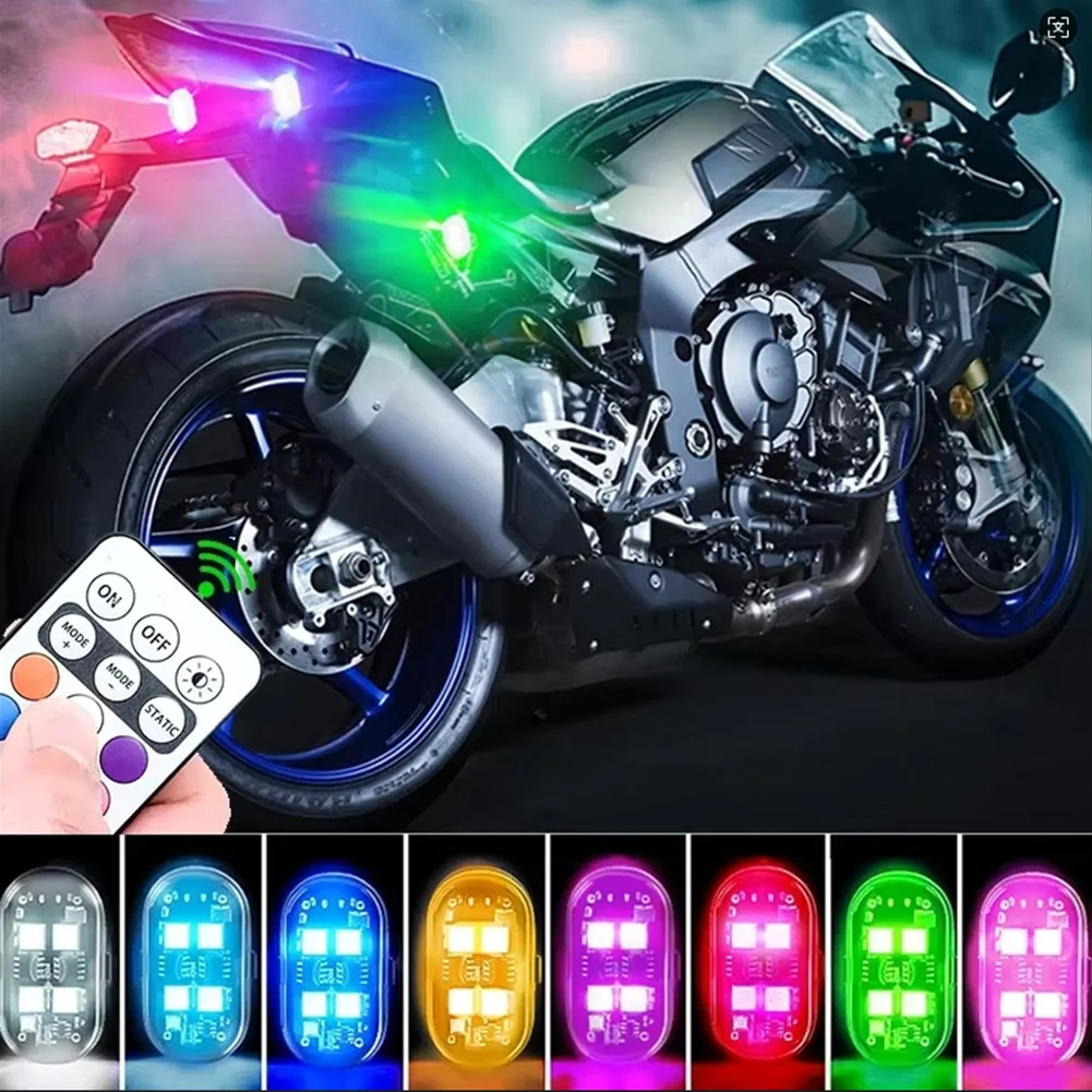 Pack De 4 Luces Estroboscópicas USB Recargables – 8 Colores Y 10 Modos, Control Remoto, IP67 Impermeable, Para Coche, Dron, Bici Y Moto