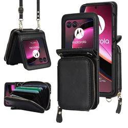 Stylish Leather Crossbody Wrist Strap Zipper Purse Phone Case with Card Holder for Moto Razr 40 (Black)