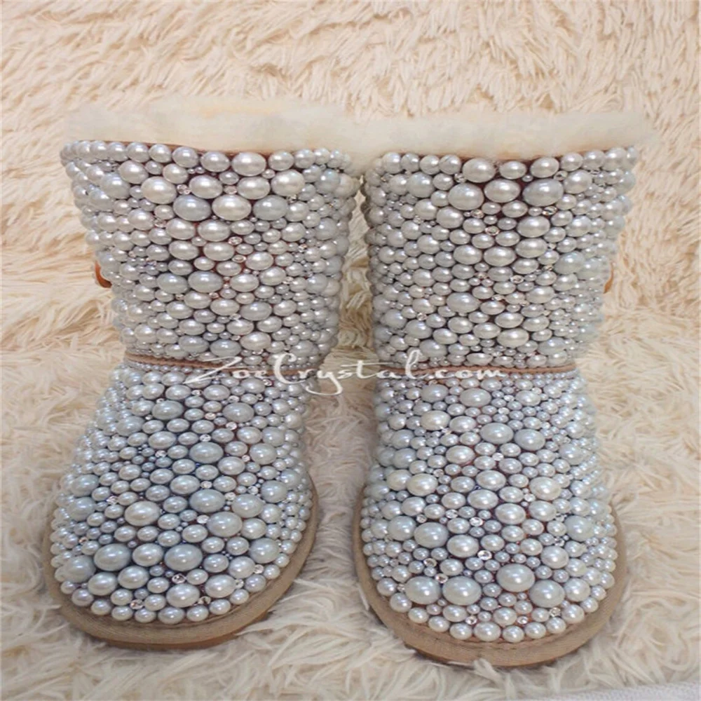 

Classic hand-made fur one-piece boots Pearl rhinrhinel winter warm boots with fleece casual women's plus size 35-44