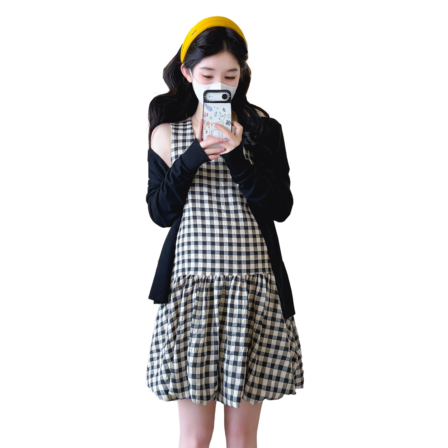 임산부를 위한 세련된 비임산부룩 봄 가을 체크무늬 블루머 스커트 가디건 아우터 투피스 세트 한국 스타일 면 이너