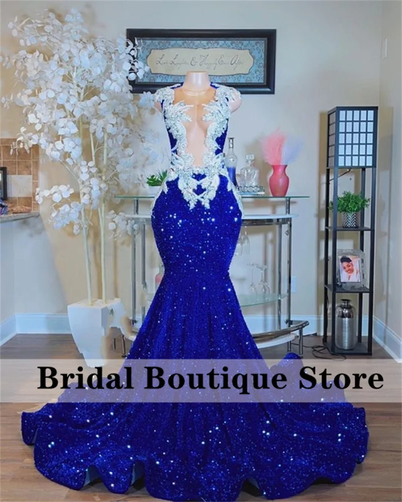 

New Arrival 2024 Sparkly Royal Blue Mermaid Prom Dress Sheer Mesh Crystal Rhinestones Graduation Party Dress Gowns Robe De Bal