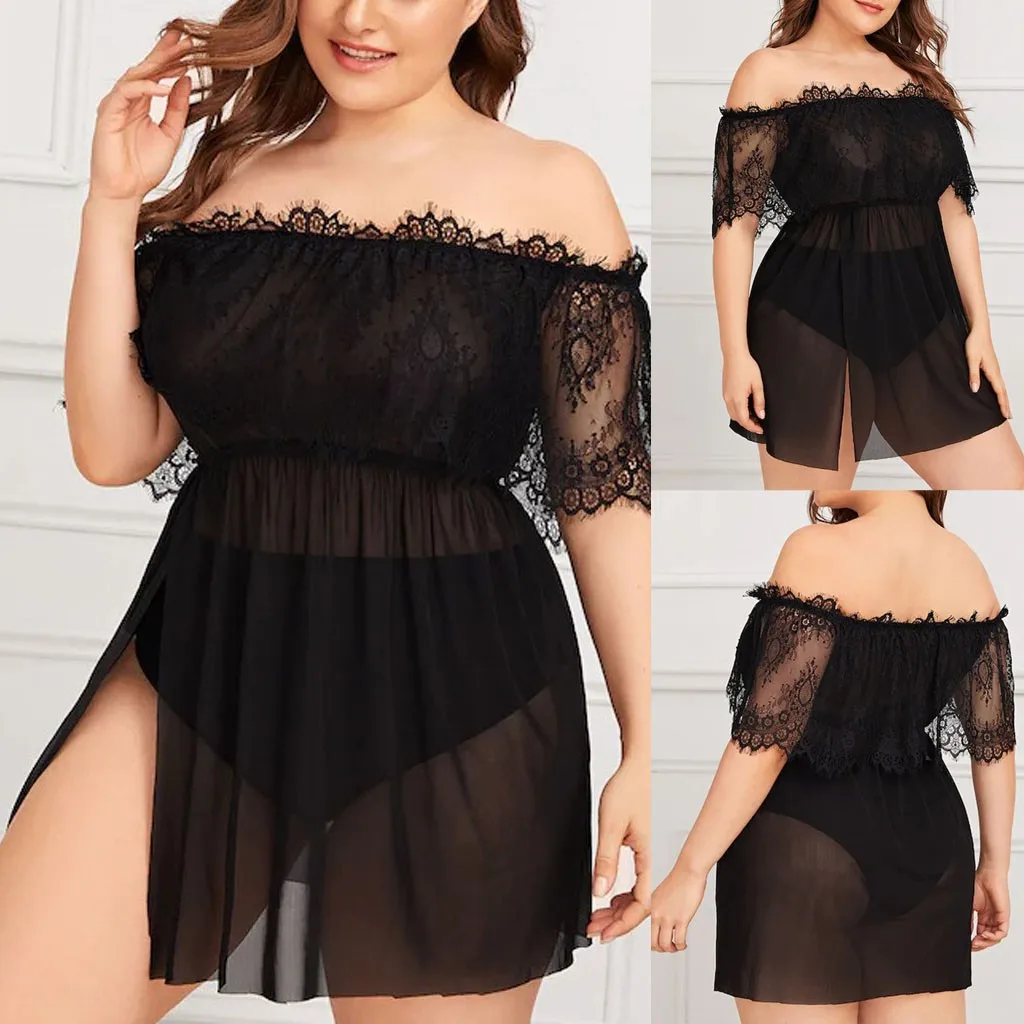 

Pyjamas Women Sexy Lingerie Fashion Women Plus Size Lace Sheer Mesh Lingerie Off-shoulder Nightdress 1XL-4XL Pijama Mujer Пижама