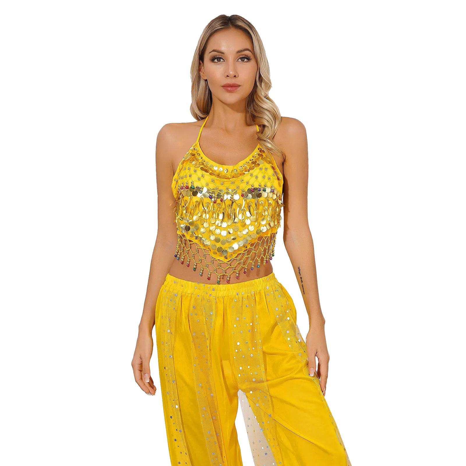 

Womens Sequin Bells Belly Dance Tops Halloween Role Play Stage Performance Costume Lace-up Sleeveless Irregular Hem Crop Top