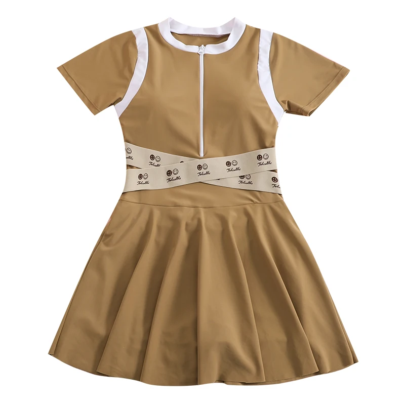 여아용 원피스 수영복 원피스 반팔 단색 다크 브라운 핑크 허리띠, 9-16 세 학생 비치웨어, 서핑 세트 2024