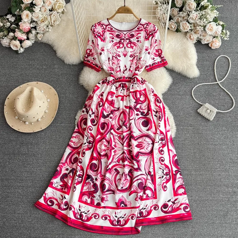 

Женское дизайнерское длинное платье, красное, синее и белое платье для отпуска с круглым вырезом и коротким рукавом, с фарфоровым принтом, A493, на лето