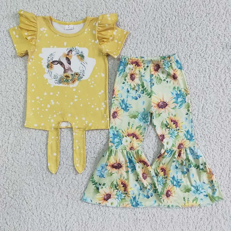 

Wholesale Toddler Farm Cow Sunflower Outfit Baby Girl Short Sleeve Yellow Calf Top Floral Bell Pants Children Fall Kids Clothes