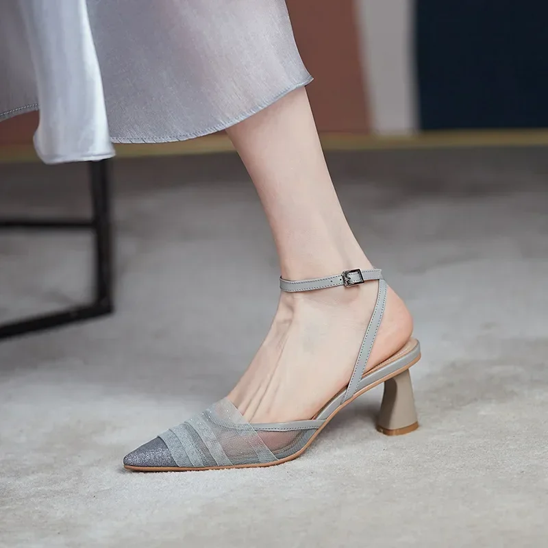 Women's Buckle Mesh Closed Toe Chunky Heel Sandals Summer Gentle Pointed High Heels