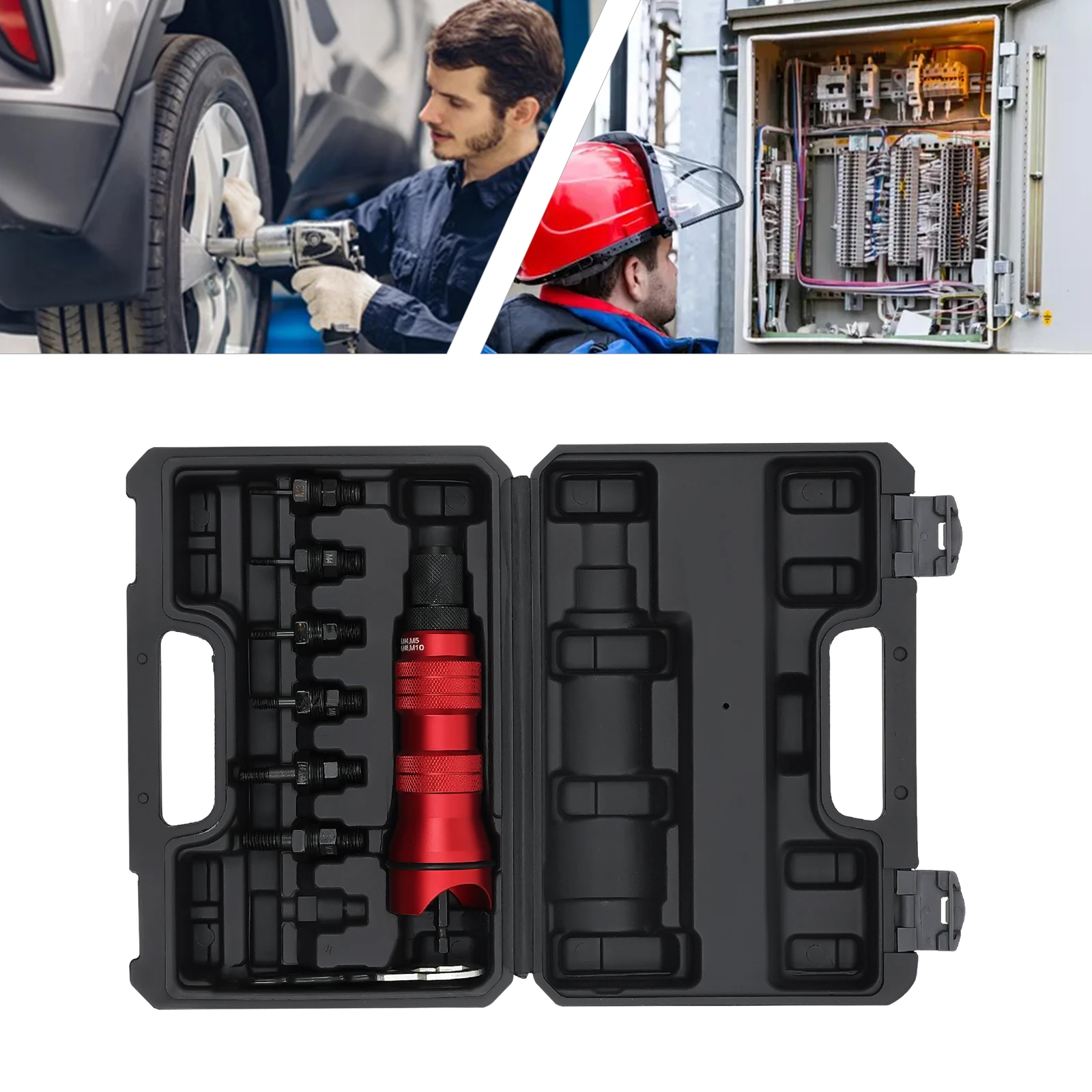 Drill Electric Rivet Gun Adapter Milwaukee Rivet Gun Rivnut Tool Kit mit Tragetasche, M3-M10 Dorne und Schraubenschlüssel für Bohrer – Detail 2