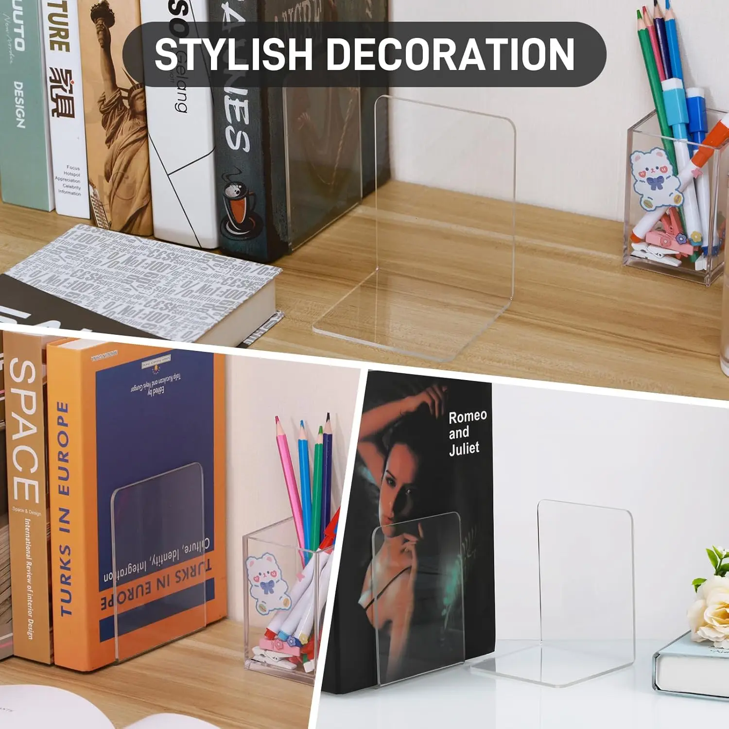 8pcs Acrylic Bookends Non-Skid Book End Clear Book Holder for School Library and Desktop Organizer Book Ends for Book Shelves 5