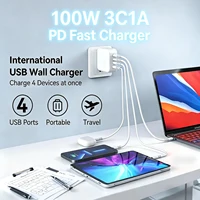 4-Ports 3C1A 100W GaN PD Fast Charger – PPS Enabled PD Wall Adapter Fast Charging Multiple Devices for Macbook, Ipad, Iphones 6