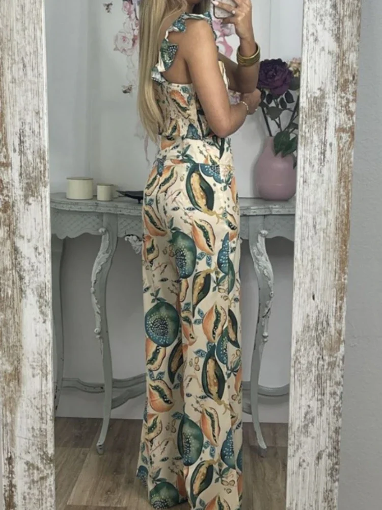 NewTrend High Fashion Street Style Spaghetti Strap Women Clothing Vintage Tops and Trousers Suit Printing Casual Two Prices Set