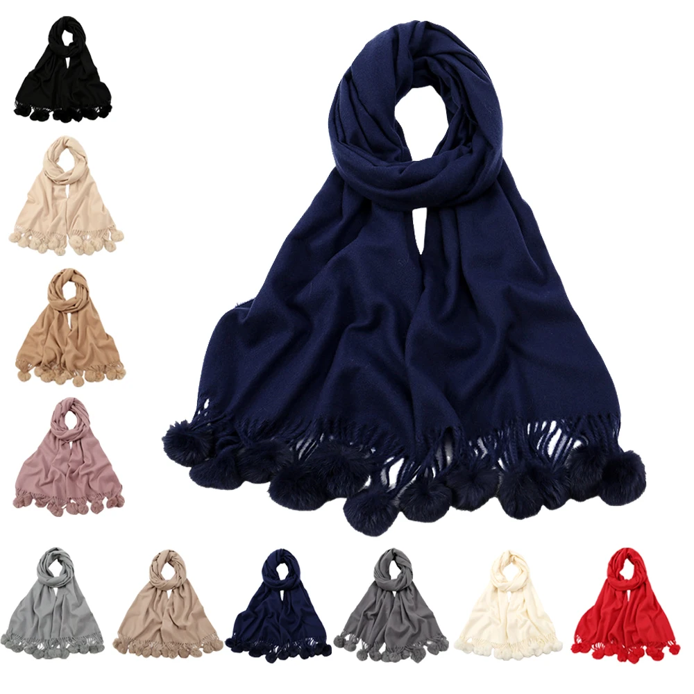 

Women Plain Solid Color Tassel Cashmere Shawl Scarf Pom Pom Winter Wrap Pashmina Poncho Hijab Fringe Foulards Warm Neck Bufanda