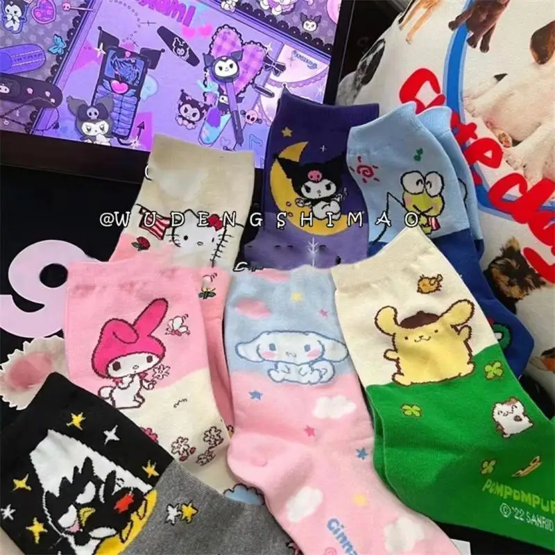 

New Kawaii Cute Sanrio Kuromi Mymelody Cinnamoroll Pom Pom Purin Socks Casual Versatile Ins Girl Christmas Gift For Girlfriend